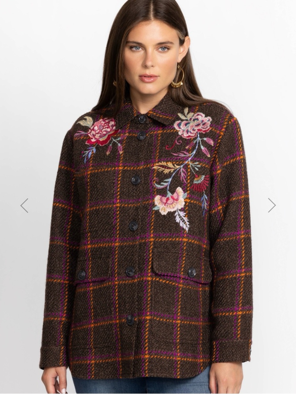 Johnny Was Garnet Plaid Shirt Jacket Embroidered Wool Blend Button Front Small